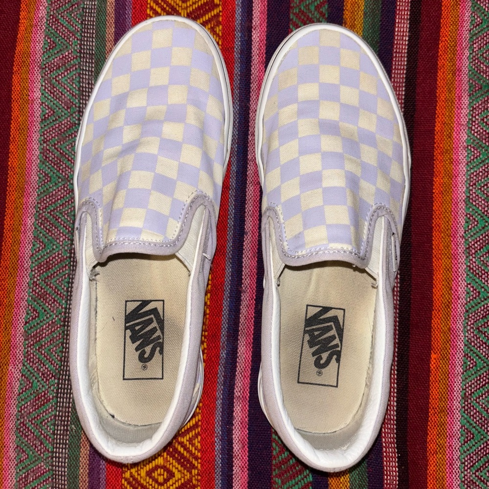 Vans Lavender and White Checkered Slip-Ons